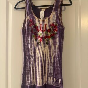 Elegant Purple Tie-Dye Tank Top with Floral Embroidery